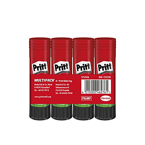 Pritt Barra Adhesiva, pegamento infantil seguro para niños para hacer manualidades, cola universal de adhesión fuerte para estuche escolar y oficina, 4x22 g Pritt Stick