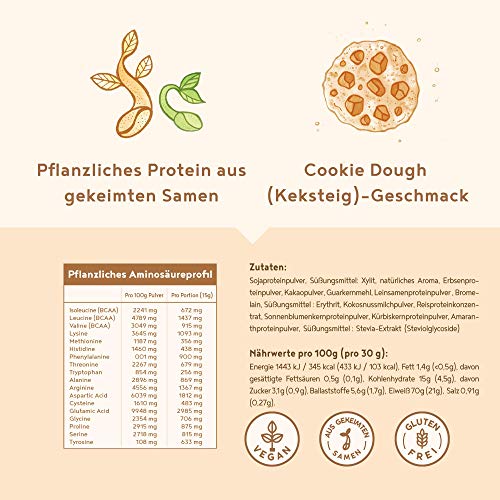 Proteina Vegana - COOKIE DOUGH - Proteína vegetal de soja, arroz, guisantes, amaranto, semillas de lino, de girasol y de calabaza germinadas - 1200 g en polvo con sabor a masa de galletas