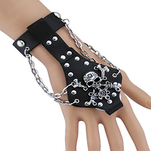 Punk Men's Biker Rivet Studs Cráneo De Cuero Skeleton Hand Chain Bracelet