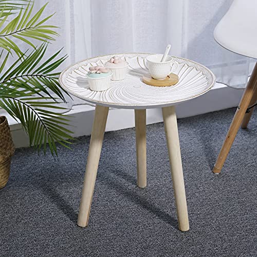 QILICZ Juego de 2 mesas auxiliares Redondas, Mesa de café Retro, 40 cm de diámetro y 34 cm de diámetro, 2 mesillas de Noche de Madera, Color Blanco, mesita de Noche con diseño Dorado, para salón