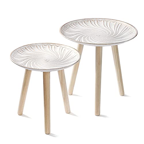 QILICZ Juego de 2 mesas auxiliares Redondas, Mesa de café Retro, 40 cm de diámetro y 34 cm de diámetro, 2 mesillas de Noche de Madera, Color Blanco, mesita de Noche con diseño Dorado, para salón