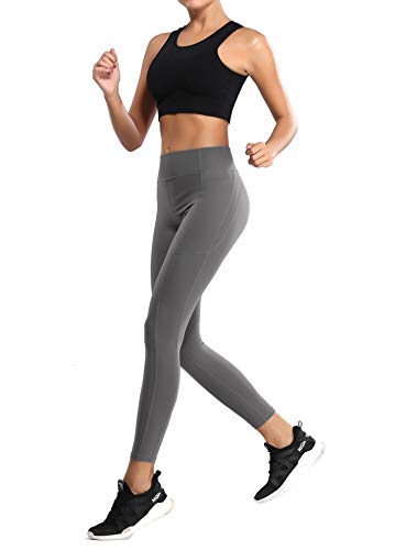 QueenDer Leggings Fitness Mujer Deporte Pantalones Largo Cintura Alta con Bolsillo Polainas Mallas para Yoga Running Cycling y Pilates (Gris, XL)