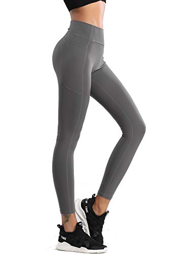 QueenDer Leggings Fitness Mujer Deporte Pantalones Largo Cintura Alta con Bolsillo Polainas Mallas para Yoga Running Cycling y Pilates (Gris, XL)