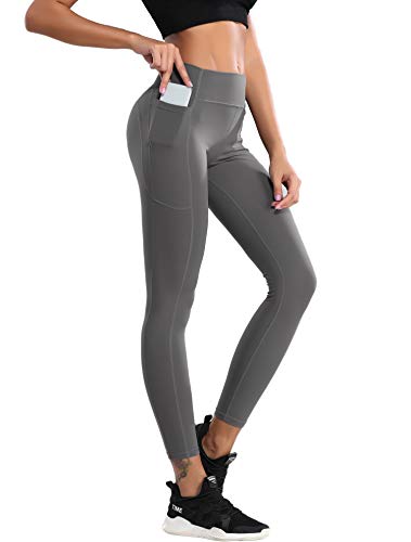 QueenDer Leggings Fitness Mujer Deporte Pantalones Largo Cintura Alta con Bolsillo Polainas Mallas para Yoga Running Cycling y Pilates (Gris, XL)