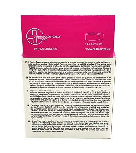 RADICEVIVA Kinesio - Cinta adhesiva elástica muscular para kinesiotherapy, 5 cm x 5 m, con instrucciones de uso (idioma español no garantizado), ideal para atletas y deportes (color fucsia)