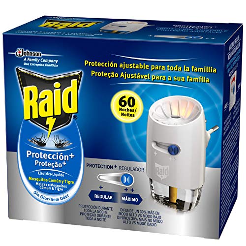 Raid Eléctrico Líquido Protección+ 60 noches - Enchufe anti mosquitos comunes y tigre con difusor regulable. Incluye aplicador y recambio