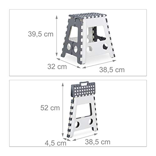 Relaxdays Taburete Plegable (tamaño XL, con asa, 120 kg, plástico, 39,5 x 38,5 x 32 cm), Color Gris y Blanco, 1 Unidad