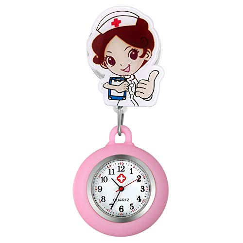 Relojes de Enfermera retráctiles con Clip para Solapa, médicos, clínicas, túnica, Estetoscopio, Insignia de Silicona, Reloj de Lactancia para niñas (Rosa)