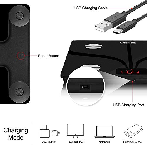 RENPHO Báscula de Grasa Corporal Inteligente Bluetooth Recargable por USB Báscula para Baño Digital con Aplicación Inalámbrica Monitor de Composición Corporal para Peso Corporal