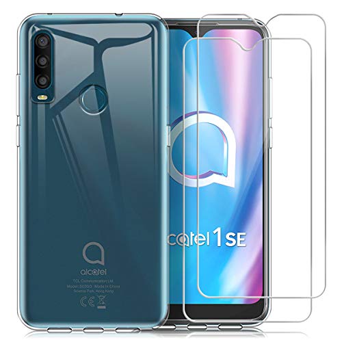 Reshias Funda para Alcatel 1SE 2020 con Dos Cristal Templado Protector de Pantalla,Suave TPU Transparente Gel Silicona Anti-arañazos Protectora Carcasa para Alcatel 1SE 2020 (6,2 Pulgadas)