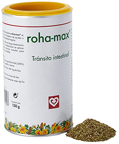 Roha MAX - Complemento alimenticio para regular tránsito intestinal, bote 130 g, hojas de sen, aromas de hibisco, regaliz y menta, masticable o infusión