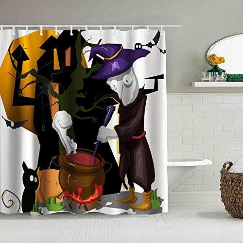 RUBEITA Cortina de Ducha Impermeable,Sopa de murciélagos del Gato Espantapájaros Fantasma de Halloween Wizard,Cortinas de baño de poliéster de diseño 3D con 12 Ganchos,tamaño 180 x 210cm