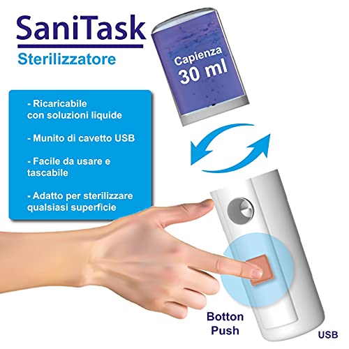 SaniTask - Nebulizador portátil profesional, USB, esterilizador rápido para todos los entornos, coche, casa, smartphone, objetos, superficies desinfectantes, líquido alcohólico