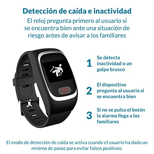 SeniorDomo Protect - Reloj localizador GPS, detección caídas y botón de Ayuda SOS Personas Mayores/Alzheimer (Negro)