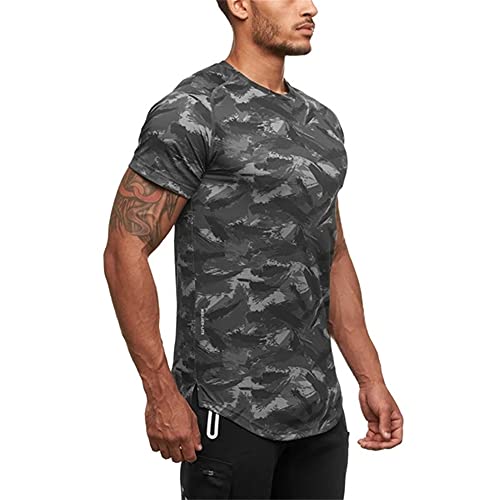 Shirt Deportiva Hombre Básica Transpirable Ajustada con Cuello Redondo Hombre Shirt Estampado Moda Verano Culturismo Manga Corta Shirt Muscular Jogging Fitness Hombre Shirt Ocio B-Grey XL