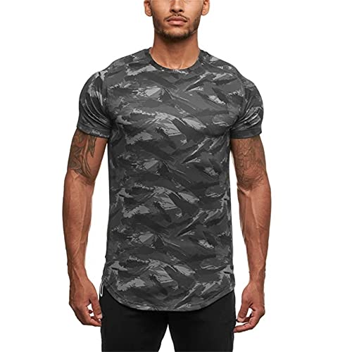 Shirt Deportiva Hombre Básica Transpirable Ajustada con Cuello Redondo Hombre Shirt Estampado Moda Verano Culturismo Manga Corta Shirt Muscular Jogging Fitness Hombre Shirt Ocio B-Grey XL