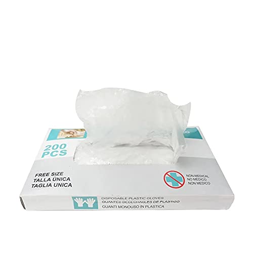 si Caja de 200 pcs Guantes Desechables de Plástico Transparente de Polietileno, Guantes de PE Transparentes para Cocinar Limpieza Pintura Coloración del Cabello