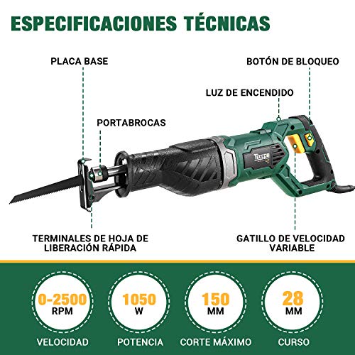 Sierra Sable, TECCPO 1050W Sierra Alternativa 240V con 2500SPM, Profundidad de Corte:150mm (Madera), 5mm (Metal), Carrera de Corte de 28 mm, Incluye 3 Hojas, Cambio de Hojas sin Herramienta -TARS24P