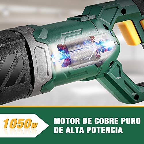 Sierra Sable, TECCPO 1050W Sierra Alternativa 240V con 2500SPM, Profundidad de Corte:150mm (Madera), 5mm (Metal), Carrera de Corte de 28 mm, Incluye 3 Hojas, Cambio de Hojas sin Herramienta -TARS24P