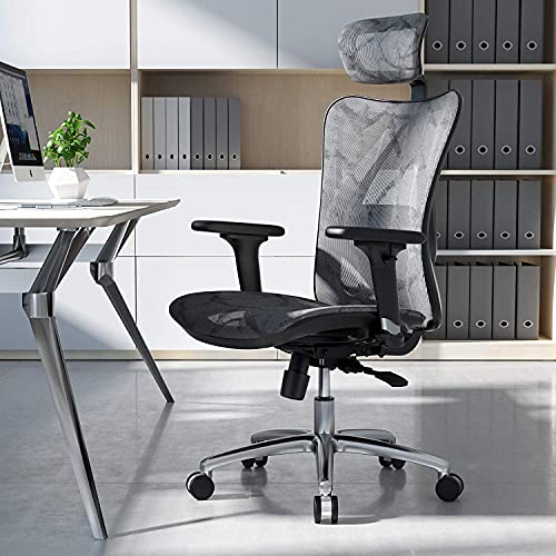 SIHOO Silla de Oficina Ergonómica, Silla de Escritorio, Respaldo Alto, Transpirable, Silla de Malla, con Reposabrazos 3D y Soporte Lumbar Ajustables(Gris)