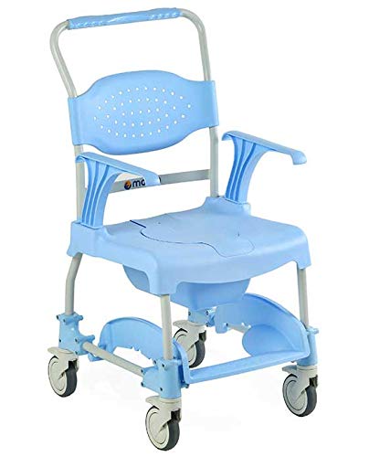 SILLA DE DUCHA MOEM, se puede acoplar directamente al inodoro, de serie viene con cubeta y tapa de asiento, reposabrazos y reposapié abatible