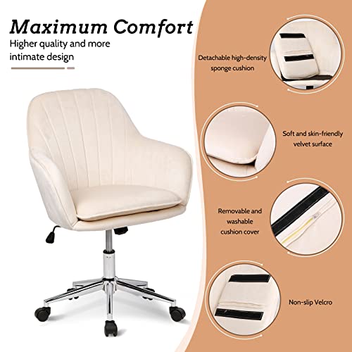 Silla de oficina de terciopelo, moderna silla giratoria con ruedas, taburete de oficina ergonómico, taburete de trabajo, función basculante, altura regulable, color blanco