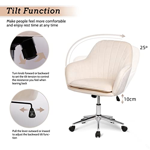 Silla de oficina de terciopelo, moderna silla giratoria con ruedas, taburete de oficina ergonómico, taburete de trabajo, función basculante, altura regulable, color blanco