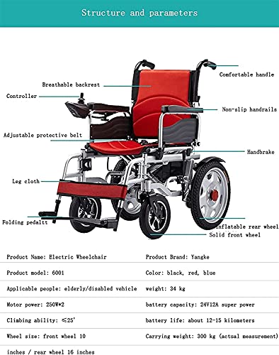 Silla de Ruedas eléctrica Controlador Universal Inteligente Plegable automático Inteligente Scooter de Acero al Carbono de Cuatro Ruedas para Personas Mayores con discapacidades, Rojo