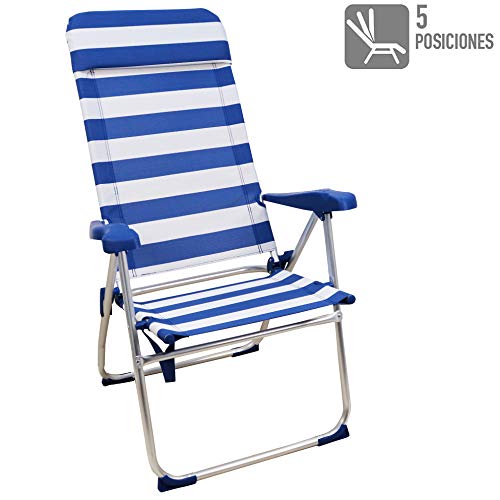 Silla Playera, Cama 4 Posiciones con Bolsillo Trasero con Asas y con Cabezal Ajustable en Altura (1/2/4 Unidades) Rayas Azul Y Blanco, 1 Unid.