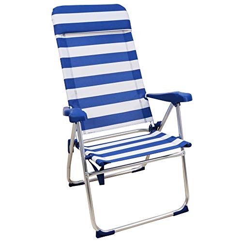 Silla Playera, Cama 4 Posiciones con Bolsillo Trasero con Asas y con Cabezal Ajustable en Altura (1/2/4 Unidades) Rayas Azul Y Blanco, 1 Unid.