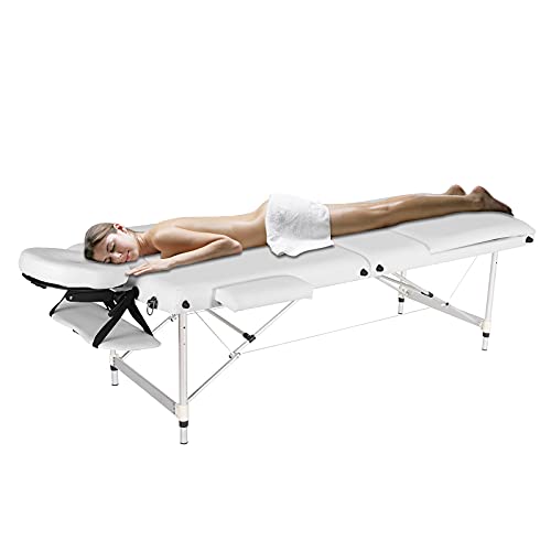 Sinbide Camilla de Masaje de 3 Zonas Plegable Altura Ajustable Cama de Masaje con Respaldo Regulable Acolchado Mesa de Masaje para Tatuaje Reiki Fisioterapia Portátil Funda para Transportar (Blanco)