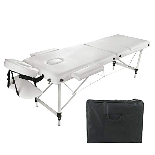 Sinbide Camilla de Masaje de 3 Zonas Plegable Altura Ajustable Cama de Masaje con Respaldo Regulable Acolchado Mesa de Masaje para Tatuaje Reiki Fisioterapia Portátil Funda para Transportar (Blanco)