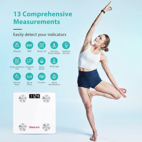 Sinocare Báscula Grasa Corporal Báscula de Baño Wireless Analizar Más de 13 Funciones, Monitores de Composición corporal, Alta Precisión (ST/KG/LB) 180kg/400lbs para Andriod y iOS