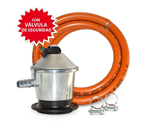 S&M Kit Regulador de Gas Butano/Propano con Válvula de Seguridad + Tubo Goma 1,5 M + 2 Abrazaderas, Gris/Naranja, Estándar