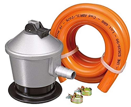 S&M Kit Regulador de Gas Butano/Propano con Válvula de Seguridad + Tubo Goma 1,5 M + 2 Abrazaderas, Gris/Naranja, Estándar