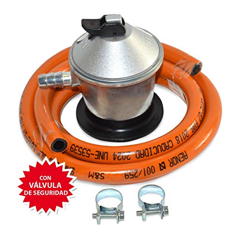 S&M Kit Regulador de Gas Butano/Propano con Válvula de Seguridad + Tubo Goma 1,5 M + 2 Abrazaderas, Gris/Naranja, Estándar