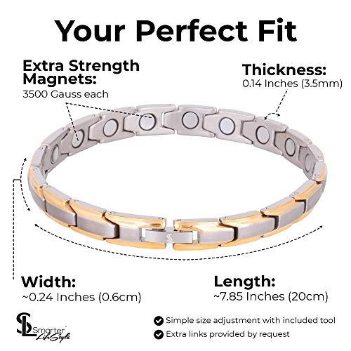 Smarter LifeStyle - Pulsera Elegante de Terapia Magnética de Titanio Para Las Mujeres Alivio Del Dolor Para la Artritis y El Túnel Carpiano Color Plata & Oro