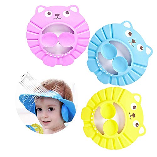 SNOWZAN 3 gorros de ducha para niños gorro de ducha ajustable para bebé ducha suave cuidado del bebé visera suave para las orejas gorro ajustable para el champú de bebé color rosa, amarillo y azul