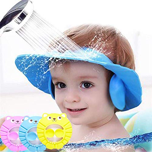 SNOWZAN 3 gorros de ducha para niños gorro de ducha ajustable para bebé ducha suave cuidado del bebé visera suave para las orejas gorro ajustable para el champú de bebé color rosa, amarillo y azul