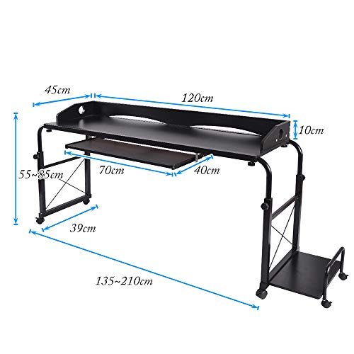 sogesfurniture Mesa de ordenador móvil sobrecama para ordenador portátil, carro, 120 cm, mesa de enfermería para hospital con longitud y altura ajustables, color negro BHEU-203#2-BK