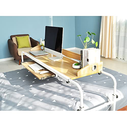 sogesfurniture Mesa de Ordenador Portatil con Ruedas, Altura Ajustable, 120cm Mesa Escritorio de la Computadora con Bandeja de Teclado para Sofá Cama, Roble