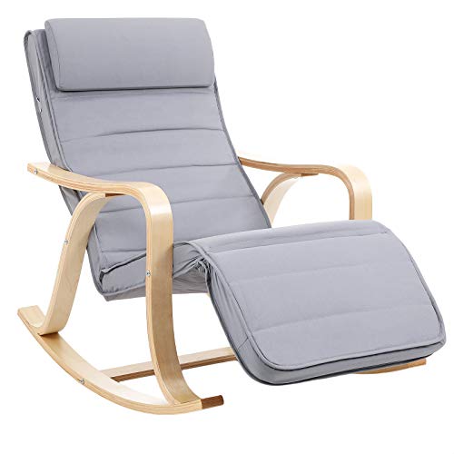 SONGMICS Mecedora, Sillón Tumbona, Madera de Abedul ,Reposapiernas, Ajustable en 5 Posisiones, Funda Lavable, Capacidad de Carga de 150 kg, Gris Claro LYY41G