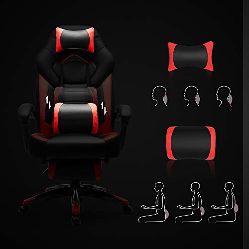 SONGMICS Silla Gaming, Silla de Oficina, para Carreras, con Reposapiés, Diseño Ergonómico, Reposacabezas Ajustable, Soporte Lumbar, Carga de 150 kg, Rojo y Negro OBG77BR