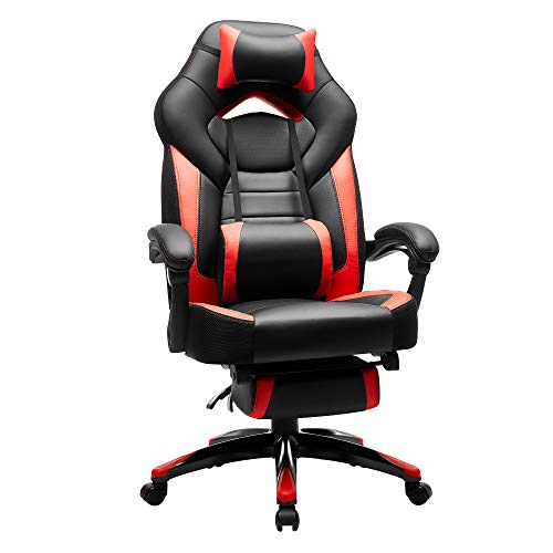 SONGMICS Silla Gaming, Silla de Oficina, para Carreras, con Reposapiés, Diseño Ergonómico, Reposacabezas Ajustable, Soporte Lumbar, Carga de 150 kg, Rojo y Negro OBG77BR