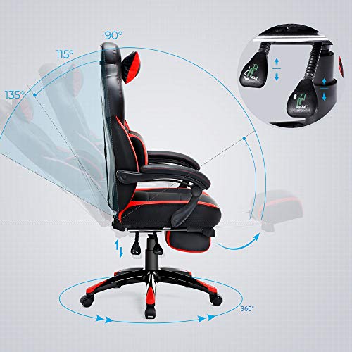 SONGMICS Silla Gaming, Silla de Oficina, para Carreras, con Reposapiés, Diseño Ergonómico, Reposacabezas Ajustable, Soporte Lumbar, Carga de 150 kg, Rojo y Negro OBG77BR