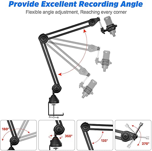 Soporte Microfono, Movstriker Soporte de Brazo Micrófono Ajustable Tijera de Pluma Soporte de Mesa Grande con Filtro Pop Cubierta de Espuma Clip de Micrófono et Adaptador 3/8''-5/8'' para Blue Yeti