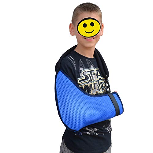 Soporte pediátrico para el hombro del brazo del brazo, Aprobado médicamente, fresco, Ajuste/tamaño fácil, Pulgar, Etiqueta adhesiva de curación feliz. Unisexo. (2-3 años, Azul/Armada)