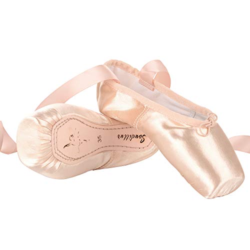 Soudittur Zapatillas de Ballet de Punta Pointe Zapatos Satén con Puntera de Gel de Silicona y Cintas para Niñas Rosa EU 39