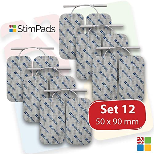 StimPads, 50X90mm, Pack de 12 Unidades de Alto Rendimiento, electrodos TENS - EMS de Larga duración con Conector Universal Tipo Pin de 2mm