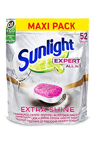 Sunlight - Pastillas para lavavajillas (52 unidades, todo en 1, fuerza desengrasante, función de sal, protección de cristal y aroma de limón fresco con lámina soluble en agua, en bolsa con cierre)